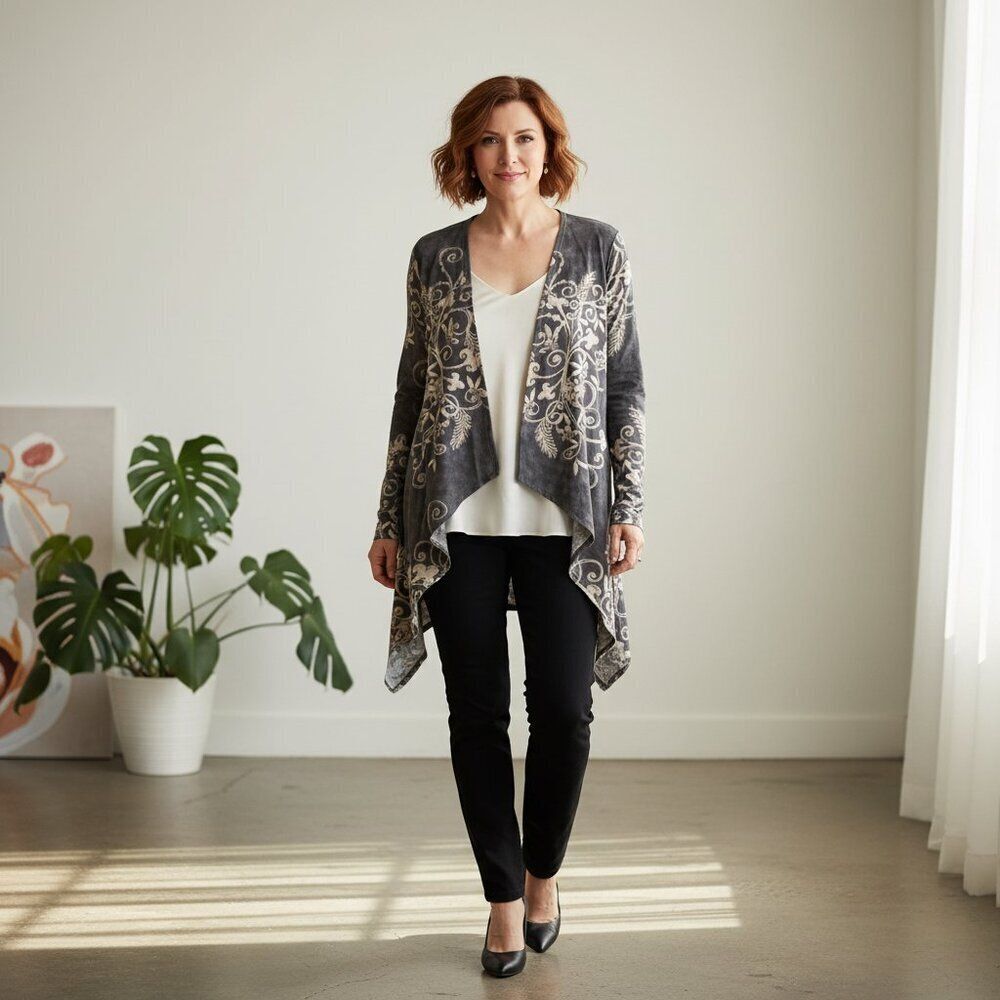Take Two Cardigan L Gray Beige Floral Cotton Open Front Boho Cottagecore Soft